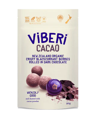 ViBERi Cacao - 70% Organic Dark Chocolate Rolled Blackcurrants (90g)