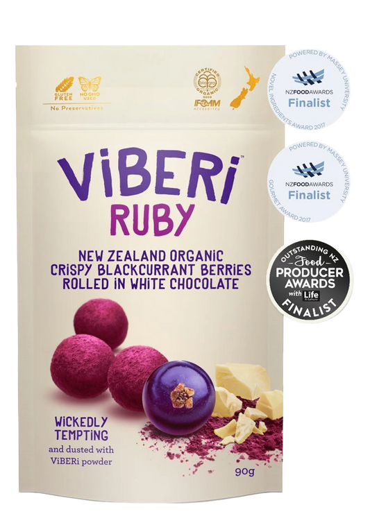ViBERi Ruby - Organic White Chocolate Rolled Blackcurrants (90g)